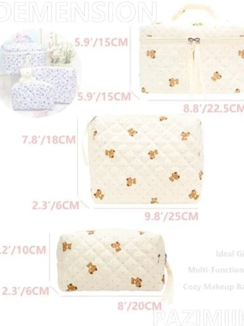 3-Piece Quilted Makeup Bag Set for Women | Cosmetic & Toiletry Organizer, Cute